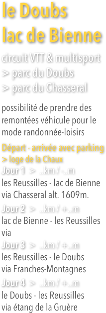 le Doubs lac de Bienne

circuit VTT & multisport
> parc du Doubs
> parc du Chasseral

possibilité de prendre des remontées véhicule pour le mode randonnée-loisirs

Départ - arrivée avec parking > loge de la Chaux Jour 1  >  ..km / -..m les Reussilles - lac de Bienne
via Chasseral alt. 1609m.

Jour 2  >  ..km / +..m  lac de Bienne - les Reussilles 
via 
Jour 3  >  ..km / +..m
les Reussilles - le Doubs
via Franches-Montagnes

Jour 4  >  ..km / +..m
le Doubs - les Reussilles via étang de la Gruère

